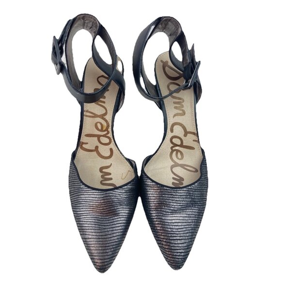 *Sam Edelman Okala Ankle Strap Heel Womens Size 8.5 Black Leather Gold Textured - Picture 9 of 12